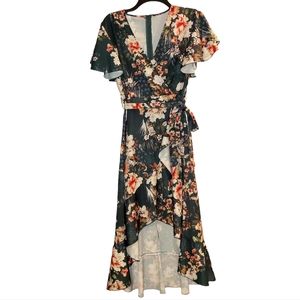 NWOT Floral Green Wrap Slit Sun Dress, Plunge Ruffle Hem, Wedding Graduation
